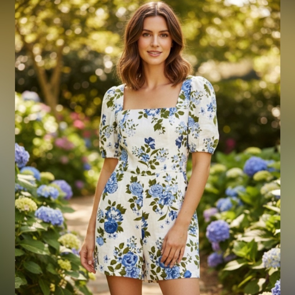 Calypso St. Barth Linen Blend White Blue Floral Romper Womens
